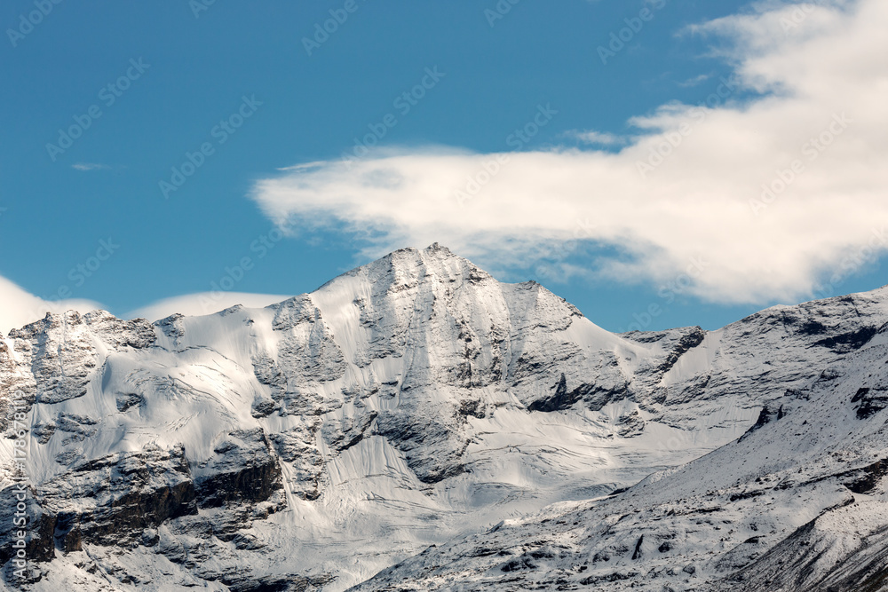 the top of the mountain with snow-covered Alps. beautiful winter mountain landscape