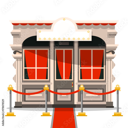 The old building of the theater with a solemn fence, a red carpet and a place for an inscription. Vector illustration isolated on white background.