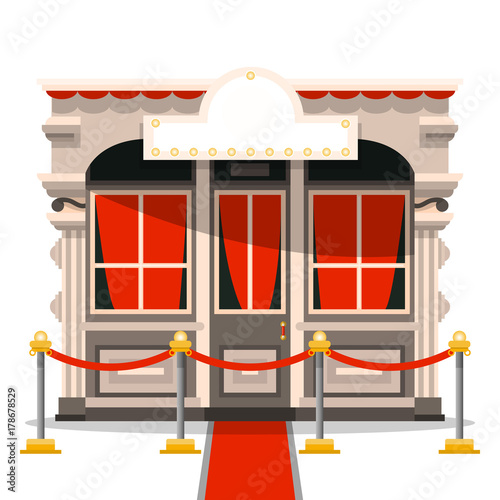 The old building of the theater with a solemn fence, a red carpet and a place for an inscription. Vector illustration isolated on white background.