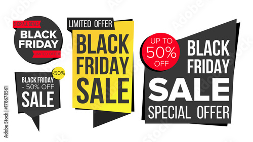 Black Friday Sale Banner Set Vector. Discount Tag, Special Friday Offer Banners. Discount And Promotion. Half Price Black Stickers. Isolated Illustration