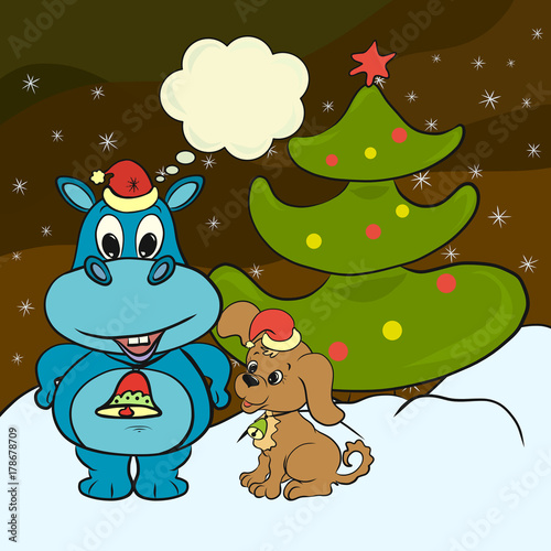 Christmas night, a hippopotamus and a puppy