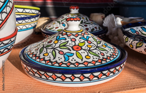 Arabian traditional colored Tajine sold at local market