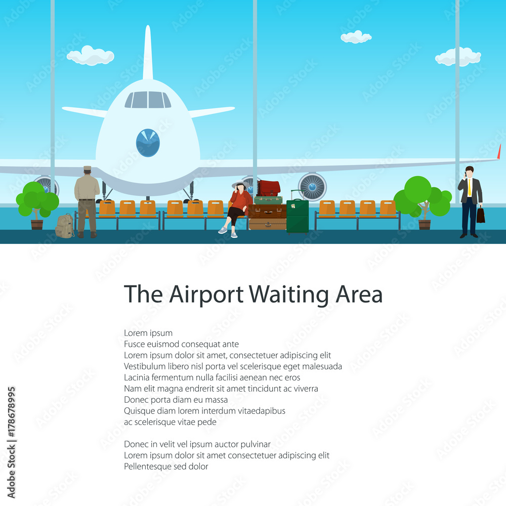 Airport Waiting Area with People and Text, View on Airplane through the Window from a Waiting Room , Travel and Tourism Concept, Poster Brochure Flyer Design, Vector Illustration