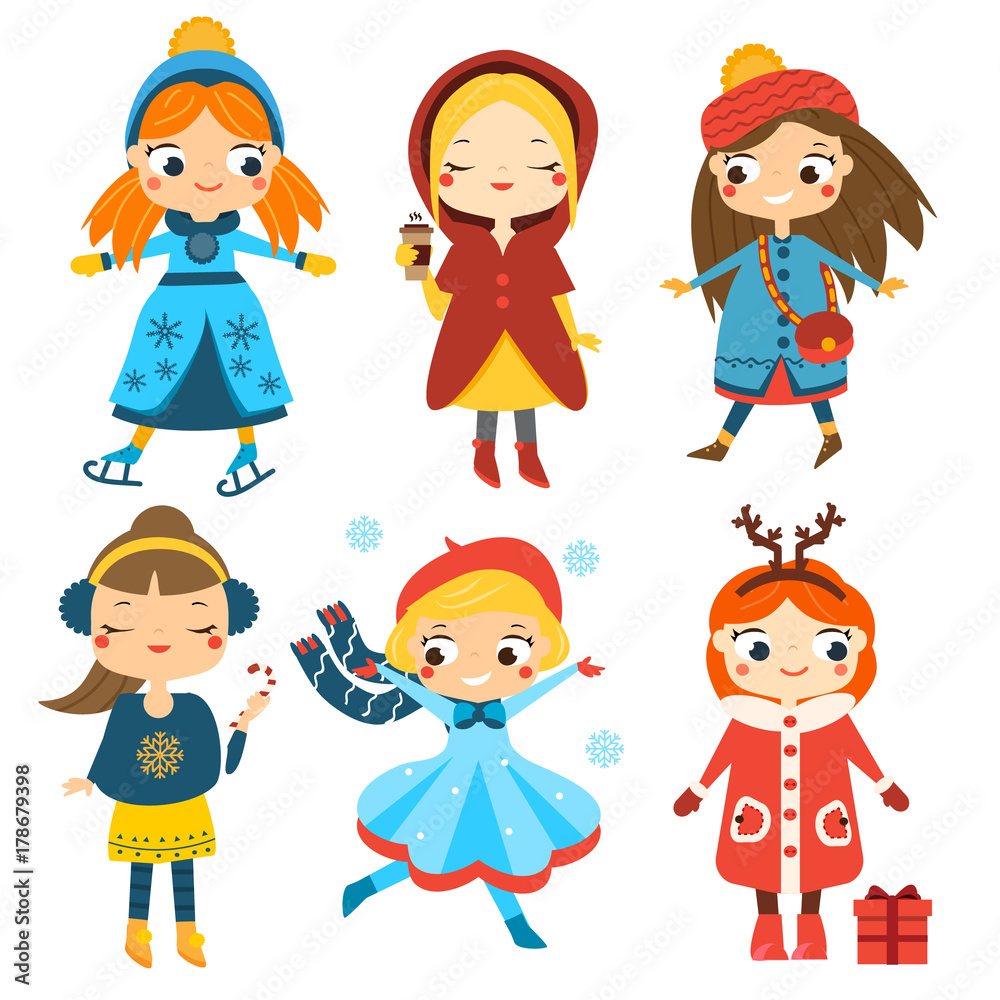 Cute winter girls set. Kids winter activity. Vector collection of cartoon female characters Cute winter girls set. Kids winter activity. Vector collection of cartoon female characters