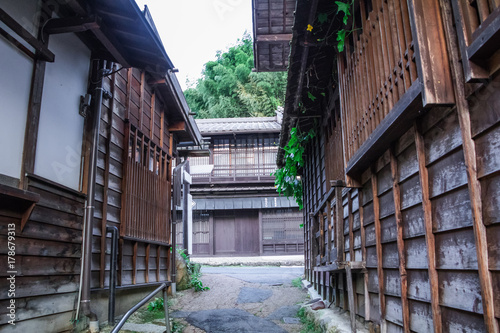 Kiso valley is the old town or Japanese traditional wooden buildings for the travelers walking at historic old street in Narai-juku , Nagano Prefecture, JAPAN.
