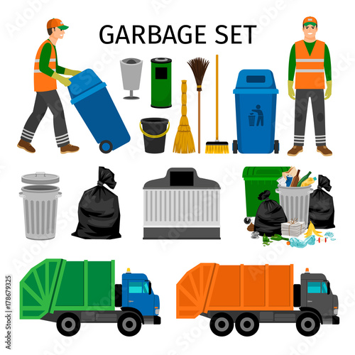Garbage trucks, trash can and sweeper