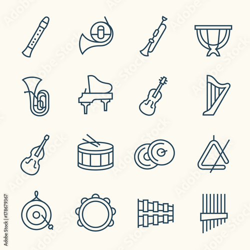 Orchestra instruments line icons