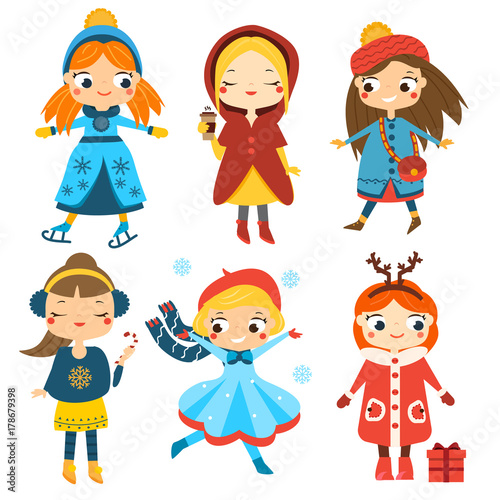 Cute winter girls set. Kids winter activity. Vector collection of cartoon female characters