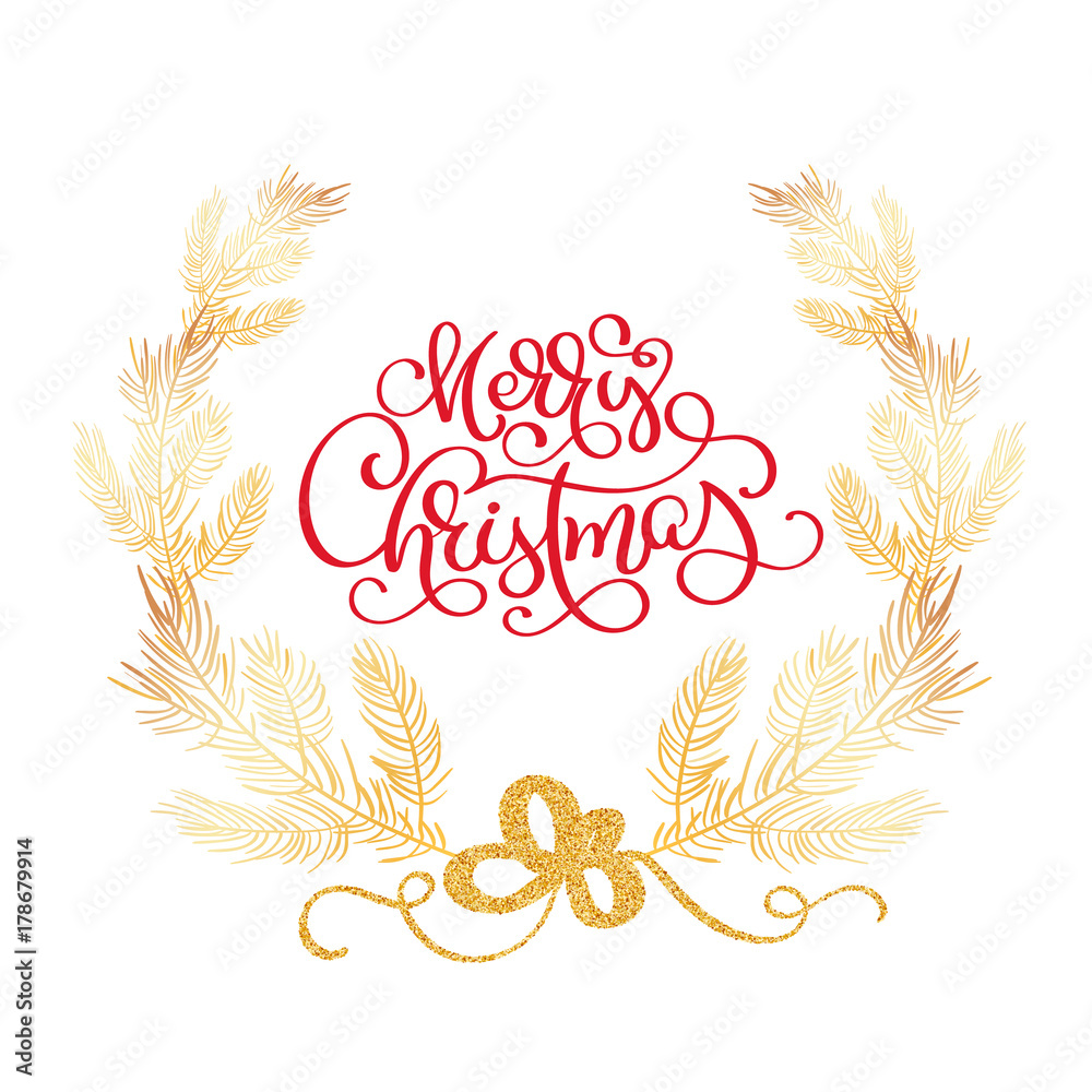 Merry Christmas text and fir tree border vector illustration. Realistic cedar branches, frame isolated on white. Calligraphy lettering handwritten
