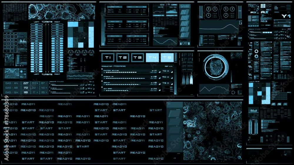 Light blue futuristic interface/Digital screen/Detailed abstract background. Blinking and switching indicators of command center computer,processing data, AI.