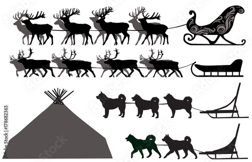Silhouettes of deer sleds and dog sleds