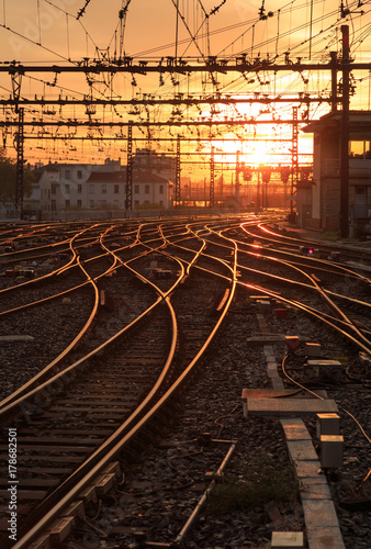 Empty railroad tracks of Gare de Lyon-Perrache during sunrise. Lyon, France.