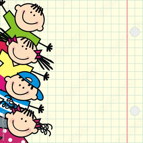 Happy kids and square paper at the background. Funny illustration. Vector icon. Group of girls and boys. 