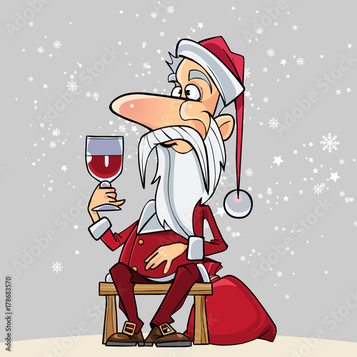 cartoon Santa Claus sitting on a bench with a glass in hand photo