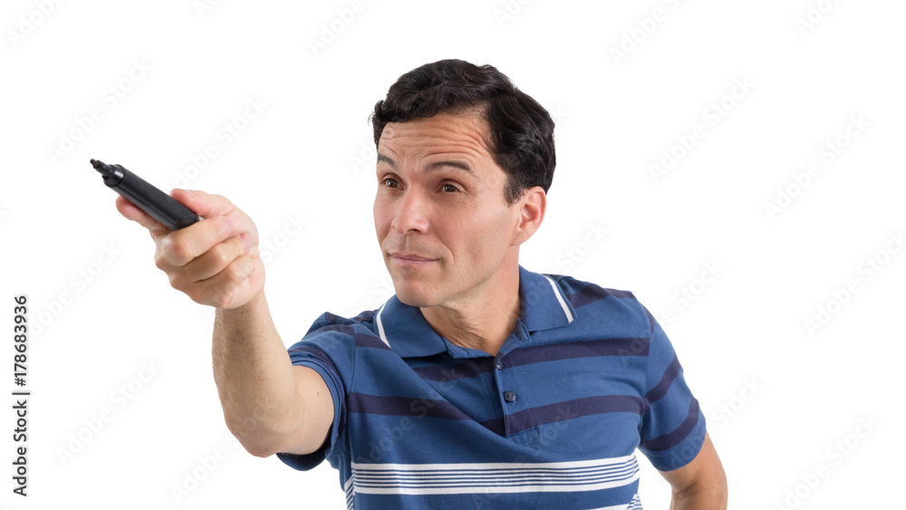 Teacher is pointing at a student with black permanent marker. He is wearing a blue T-shirt. Isolated on white background.. Teacher is pointing at a student with black permanent marker. He is wearing a blue T-shirt. Isolated on white background..