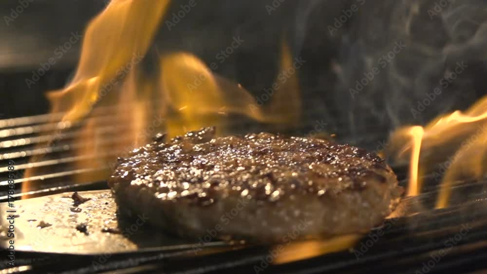 Sirloin aged prime rare roast isolated grilling pork filet with stripes slow motion. Close up blurred concept of cooked organic healthy very satisfying protein tasty dinner in casual bar or cafe