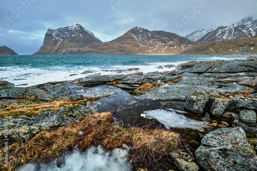 Rocky coast of fjord in Norway