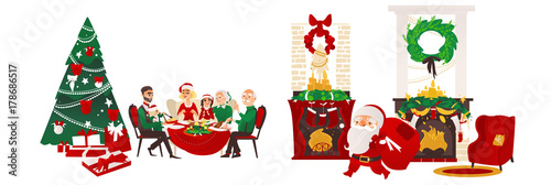 vector christmas holiday scenes set. Santa standing with present bag, fireplace with stocking, room with spruce tree, chair and presents, family sitting at table. Isolated illustration. © sabelskaya