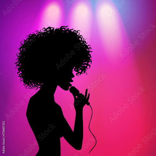 vector afro american beautiful girl silhouette portrait singing with microphone on purple background with spotlights. illustration on colored background.