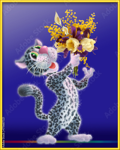 Leopard with a bouquet of flowers