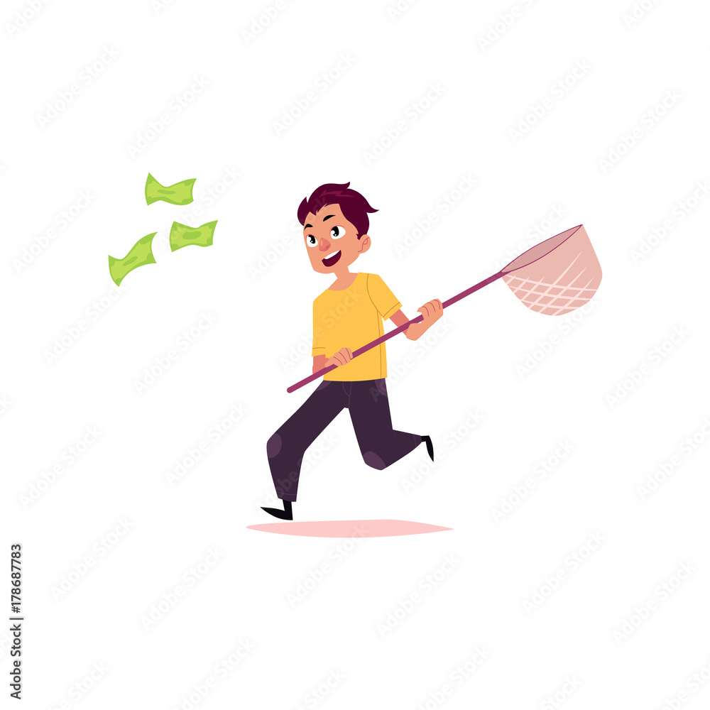 vector flat cartoon man running for money holding butterfly net. Male  character in casual clothing chasing, trying to catch for dollar note.  Isolated illustration on a white background. Stock Vector