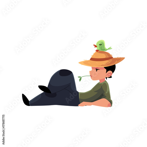 vector flat cartoon teen boy shepherd farmer kid sitting at meadow on pasture chewing blade of glass with bird on his cap. Children at farm concept. Isolated illustration on a white background.