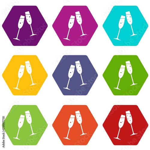 Two glasses of champagne icon set color hexahedron