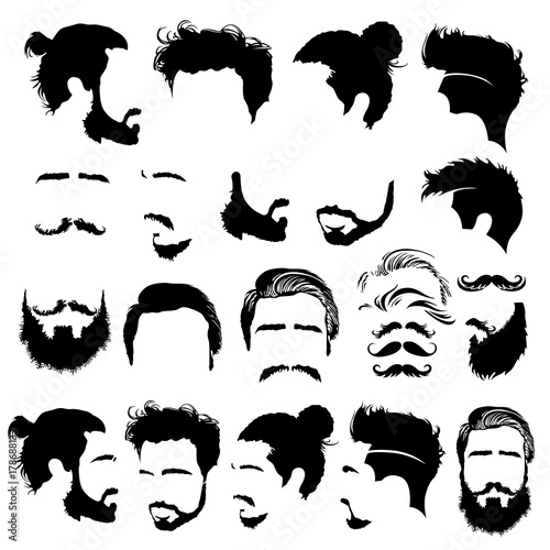 Set of barbershop images. Mustaches, beards, fashionable haircuts and hairstyles for barbershop clients. Vector Illustration