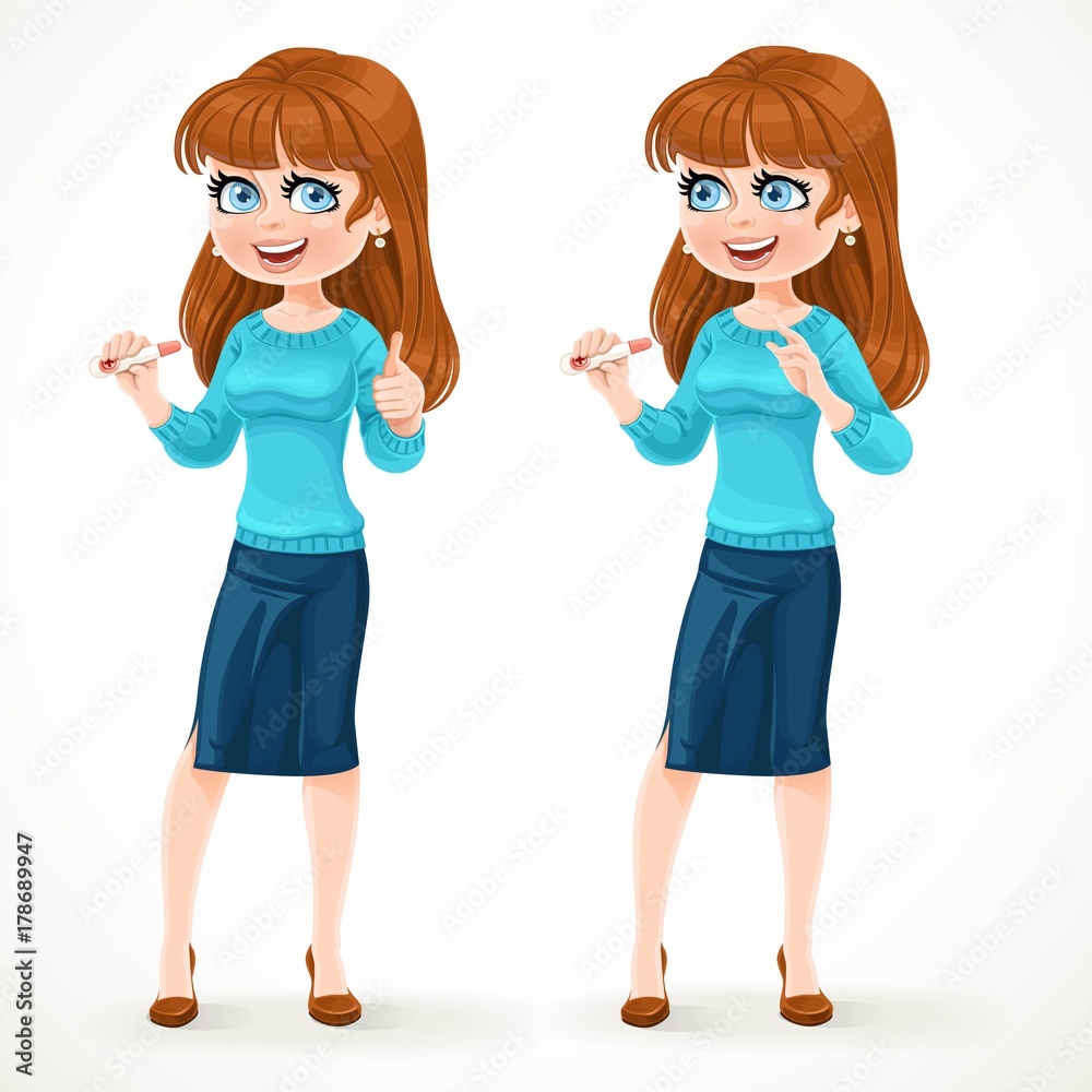 Cute brunette woman stands on a white background and shows a positive pregnancy test. In two variations Cute brunette woman stands on a white background and shows a positive pregnancy test. In two variations