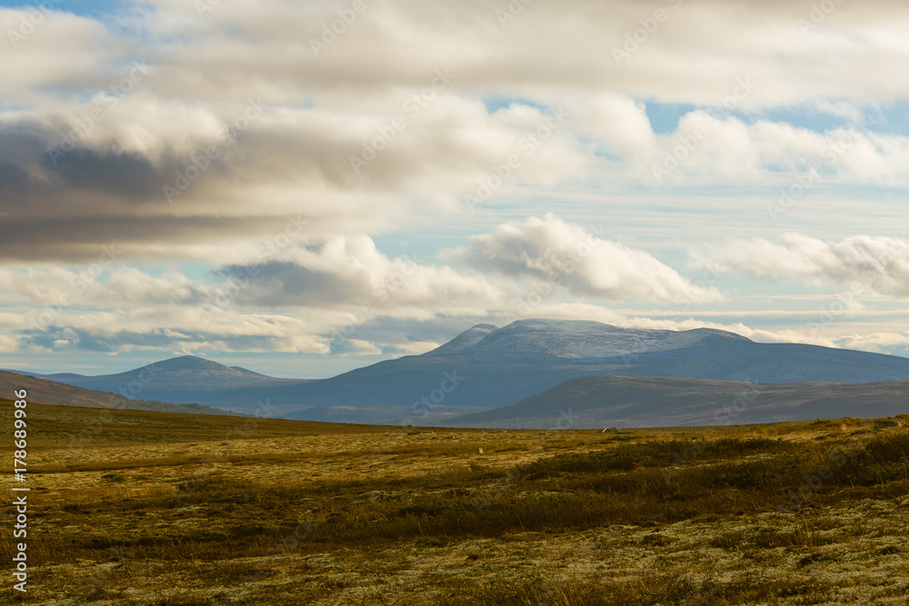 A beautiful mountain landscape in autumn in central Norway. Beautiful, colorful scenery high above the sea level.