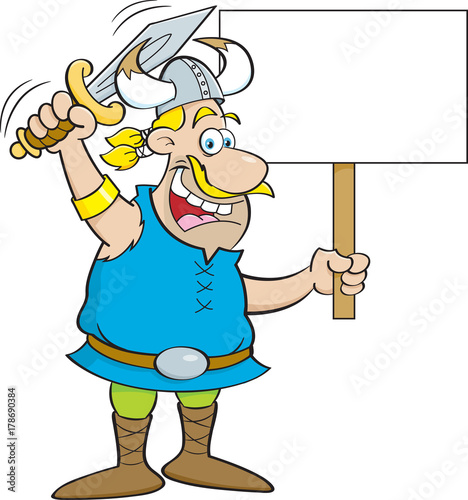 Cartoon illustration of a viking waving a sword and holding a sign.