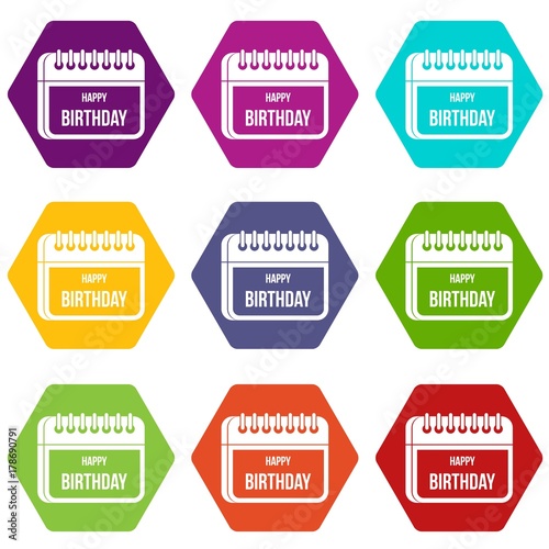 Calendar happy birthday icon set color hexahedron