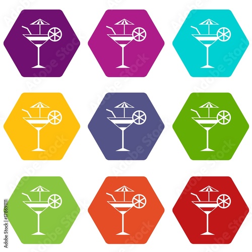 Fruit cocktail icon set color hexahedron
