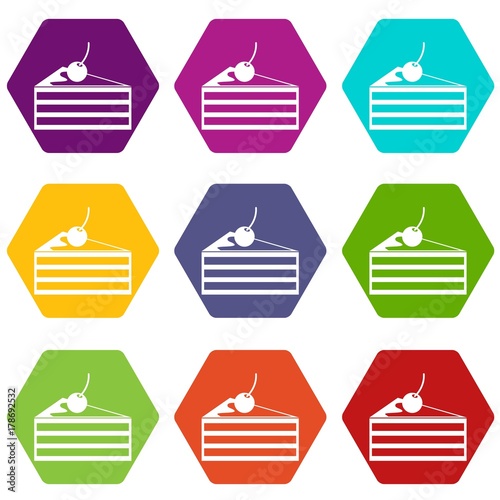 Cake with cherries icon set color hexahedron
