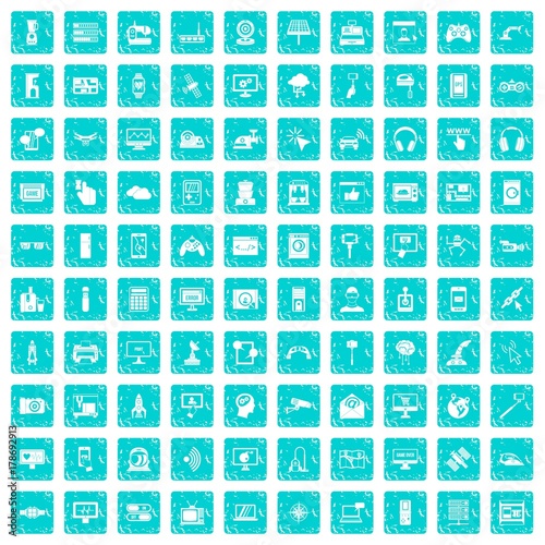 100 software icons set grunge blue