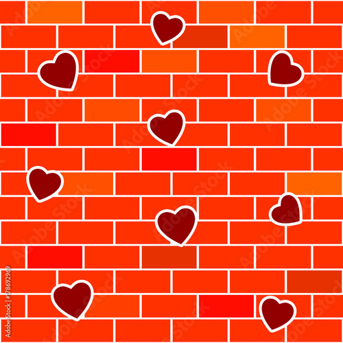 Abstract background with brick wall and hearts. Seamless. Vector illustration.