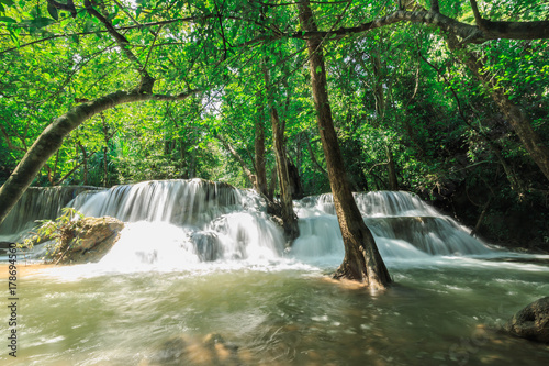 Beautiful Huai Mae Khamin waterfall in the rainy season  With a lot of water  Kanchanaburi Province  Thailand.