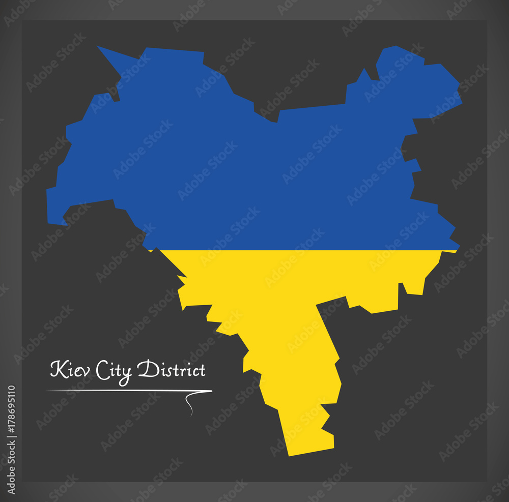 Kiev City District map of Ukraine with Ukrainian national flag illustration