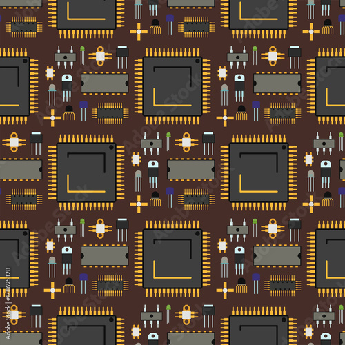 Computer chip technology processor circuit motherboard information system seamless pattern background vector illustration