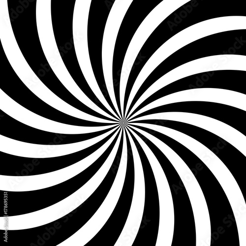 Hypnotic swirl lines spin or circular motion optical illusion spiral pattern. Vector background of black and white rotating circles or psychedelic hypnosis lines in hypnotic motion