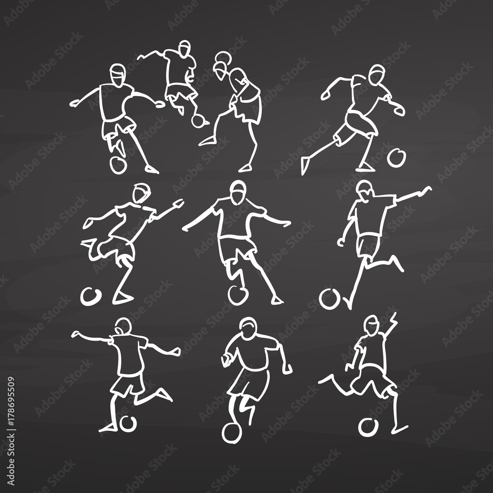 Naklejka premium Various soccer player sketches on chalkboard
