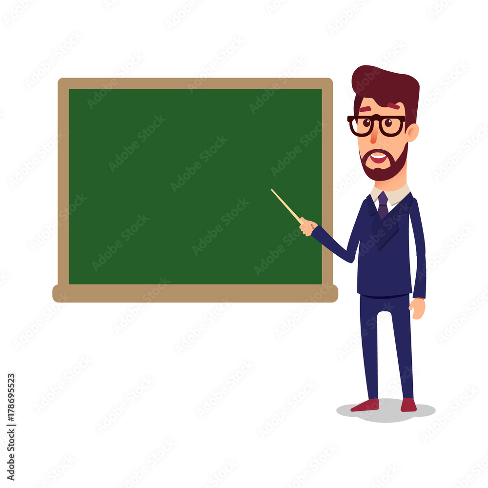The teacher in the classroom near the blackboard is teaching a lesson. A young professor at the university is giving a lecture. A man with a beard with a pointer teaches The teacher in the classroom near the blackboard is teaching a lesson. A young professor at the university is giving a lecture. A man with a beard with a pointer teaches
