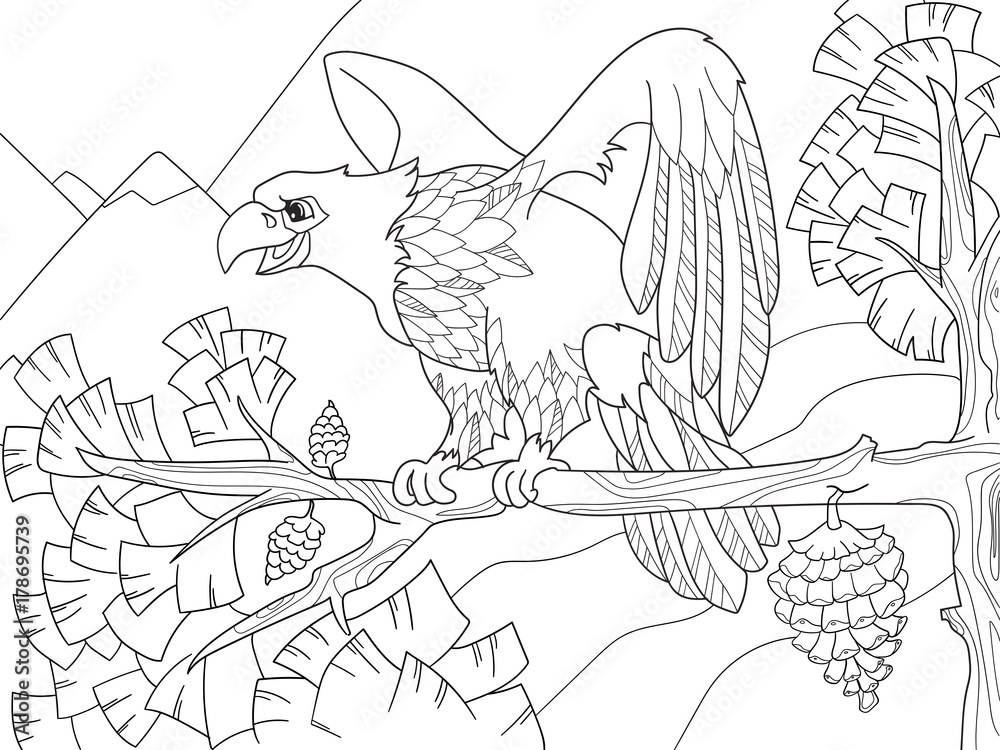 Obraz premium Ptakiem drapieżnym jest orzeł na gałęzi drzewa. Sokół na choince. Kolorowanki dla dzieci