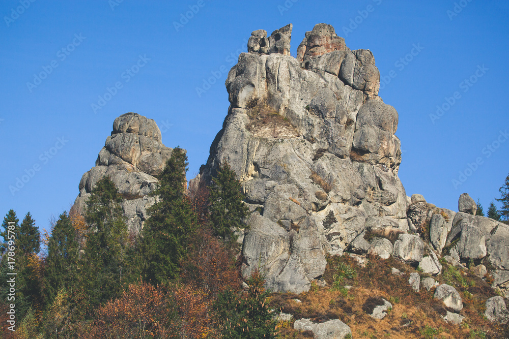 Beautiful photo of the Ukrainian Carpathian Mountains in the autumn, cliff; Rock; stone