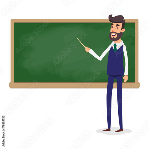 The teacher in the classroom near the blackboard is teaching a lesson. A young professor at the university is giving a lecture. A man with a beard with a pointer teaches