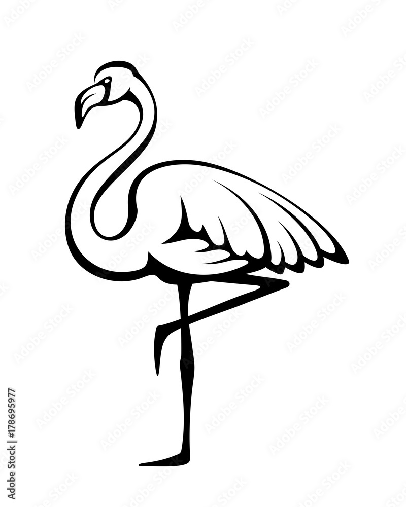 Fototapeta premium Vector black silhouette of a flamingo isolated on a white background.
