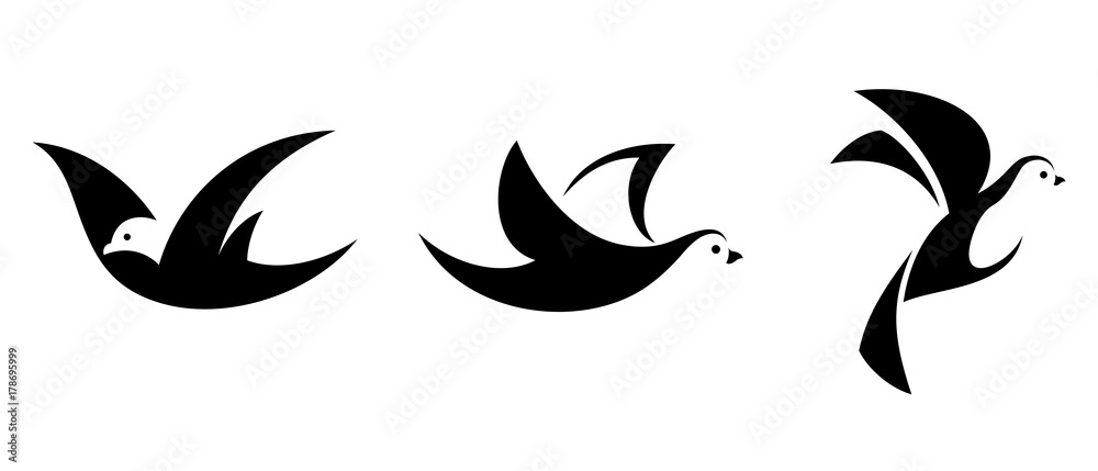 Vector set of three black silhouettes of flying birds isolated on a white background. Vector set of three black silhouettes of flying birds isolated on a white background.