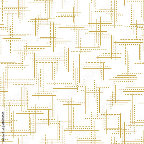Intersected dashed and dotted lines in gold. Seamless vector pattern