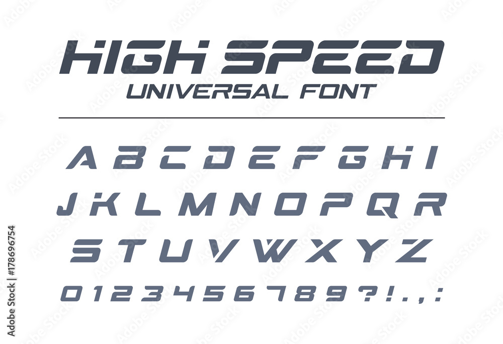 Vecteur Stock High speed universal font. Fast sport, futuristic,  technology, future alphabet. Letters and numbers for military, industrial,  electric car racing logo design. Modern minimalistic vector typeface |  Adobe Stock