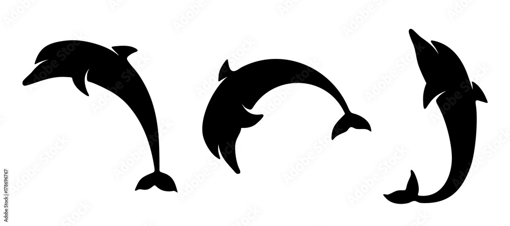 Naklejka premium Wektor zestaw czarne sylwetki delfinów na białym tle na białym tle.